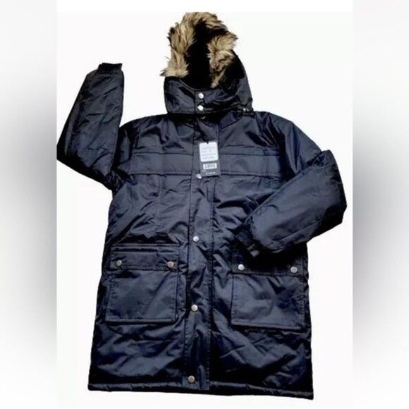 Han Ton Men's Hooded Black Parka With Faux Fur Trim Size S Puffer NWT $129 - Picture 1 of 11